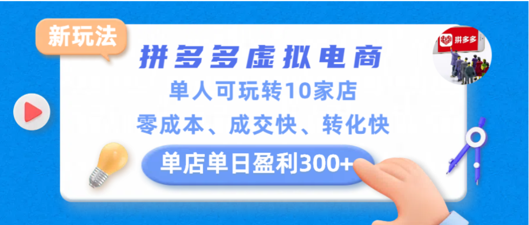 拼多多虚拟电商新玩法,单人可玩转10家店,零成本、成交快、转化快,号称单店单日可盈利300+-三青创库