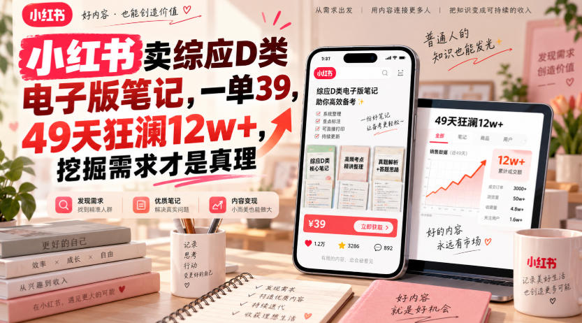 小红书卖综应D类电子版笔记,一单39,49天狂澜12w+,挖掘需求才是真理-三青创库