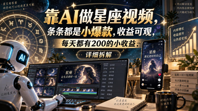 靠AI做星座视频,条条都是小爆款,收益可观,每天都有200的小收益,详细拆解-三青创库