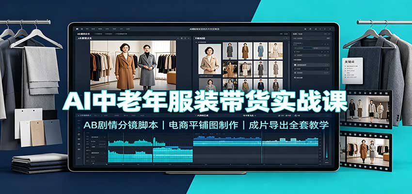 AI中老年服装带货实战课:AB剧情分镜脚本,电商平铺图制作,成片导出全套教学-三青创库